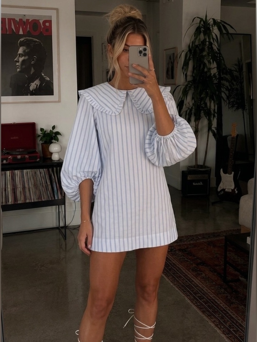 Ganni Blue White Stripe Balloon Sleeve Mini Dress Peter Pan Collar EU 38 US 6